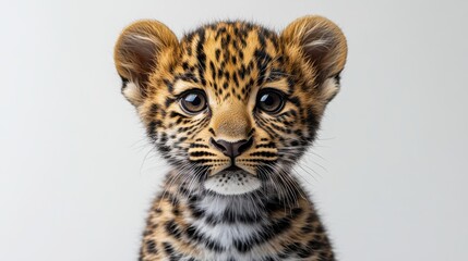 Obraz premium A close-up of a baby leopard with rosette spots, sitting on a white background, looking curious.