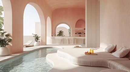 Elegant poolside lounge with modern architecture and refreshing beverages in a serene tropical setting