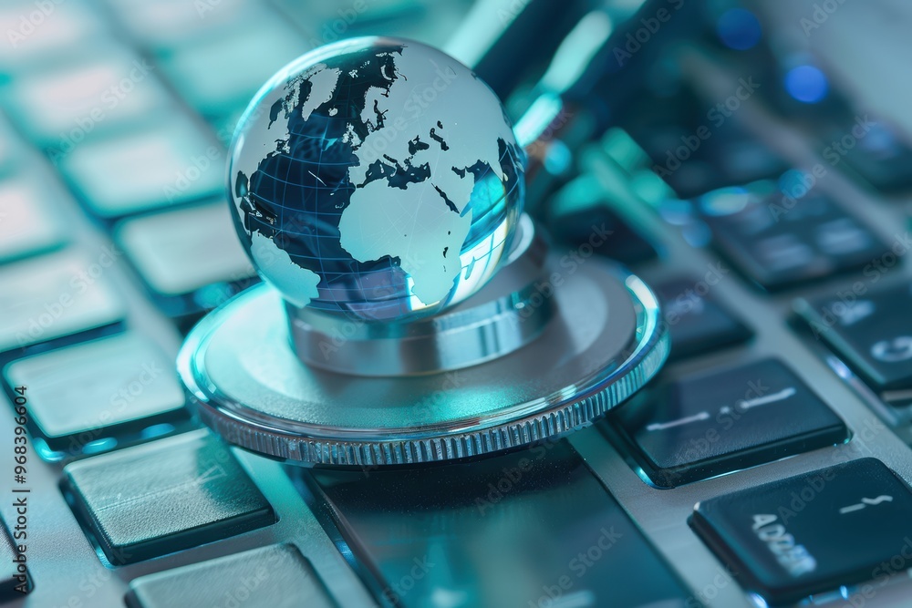 Poster stethoscope resting on a computer keyboard with a blue digital globe, symbolizing global healthcare 