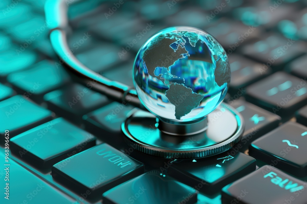 Aufkleber stethoscope resting on a computer keyboard with a blue digital globe, symbolizing global healthcare 