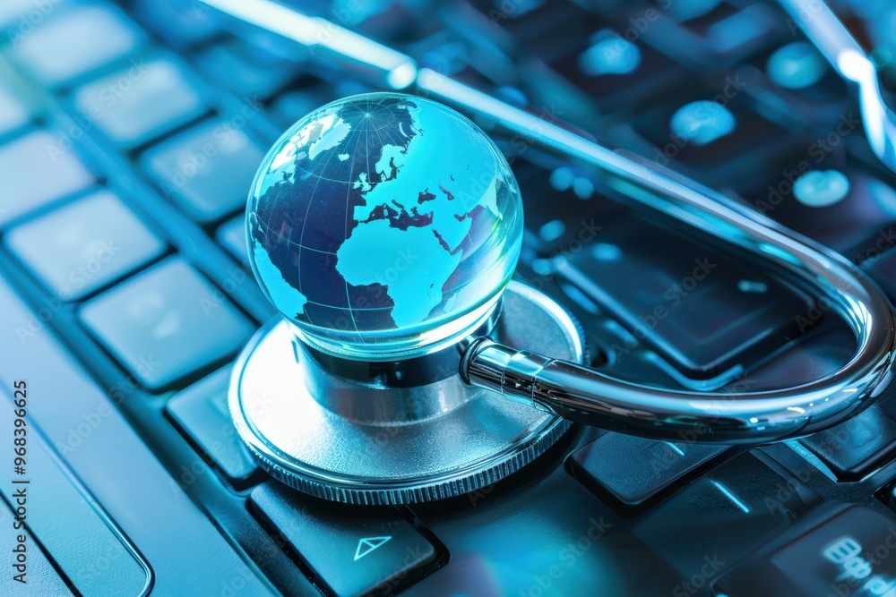 Aufkleber stethoscope resting on a computer keyboard with a blue digital globe, symbolizing global healthcare 