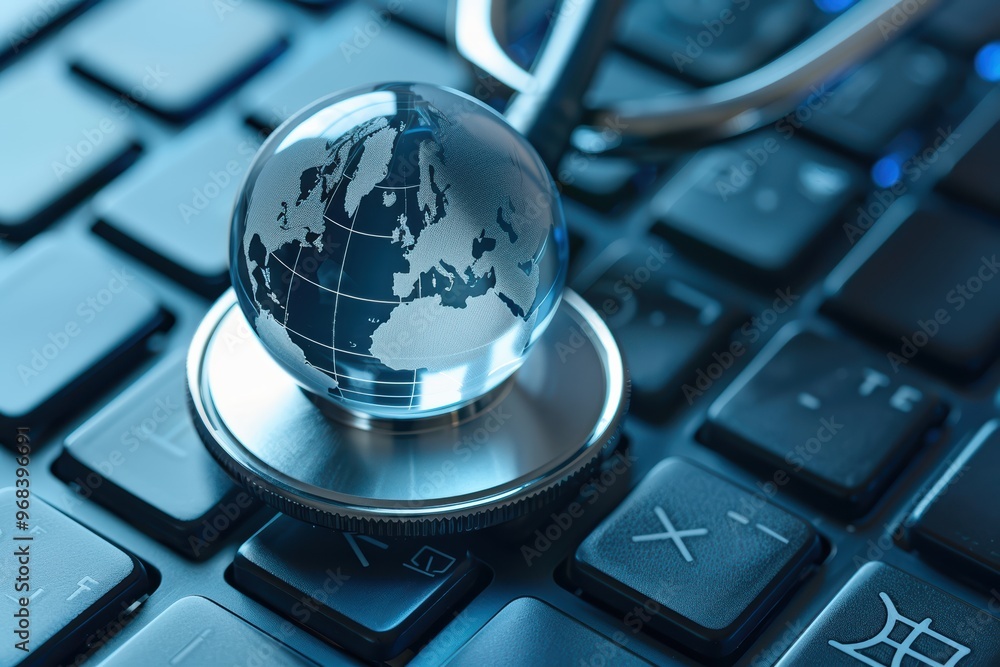 Aufkleber stethoscope resting on a computer keyboard with a blue digital globe, symbolizing global healthcare 