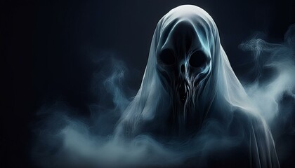Fototapeta premium halloween spooky ghost in smoke at night on black background