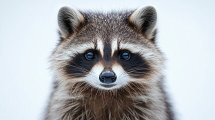 A close-up of a raccoons face, with a hint of moonlight reflecting in its eyes, on a white background.