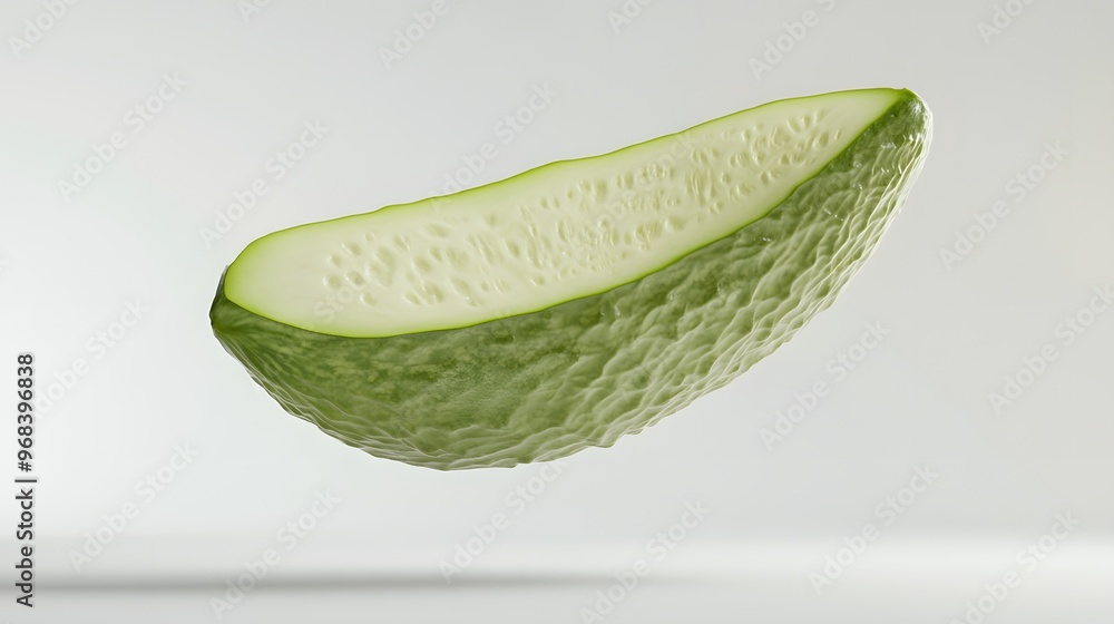 Poster 31. **a 3d render of a falling slice of chayote, its green skin and smooth texture visible against a