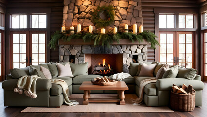 A cozy, cabin-style living room with a stone fireplace and plush, furnishings