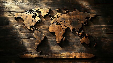 Vintage Wooden World Map Bathed in Warm Sunlight