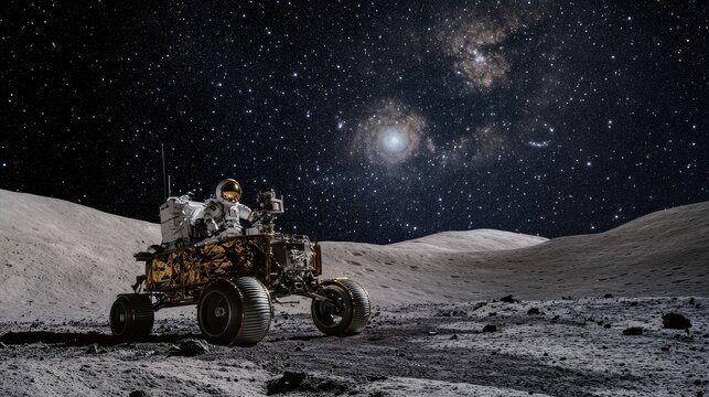 A lunar rover explores the moon's surface under a starry sky.