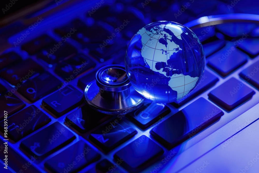 Poster stethoscope resting on a computer keyboard with a blue digital globe, symbolizing global healthcare 