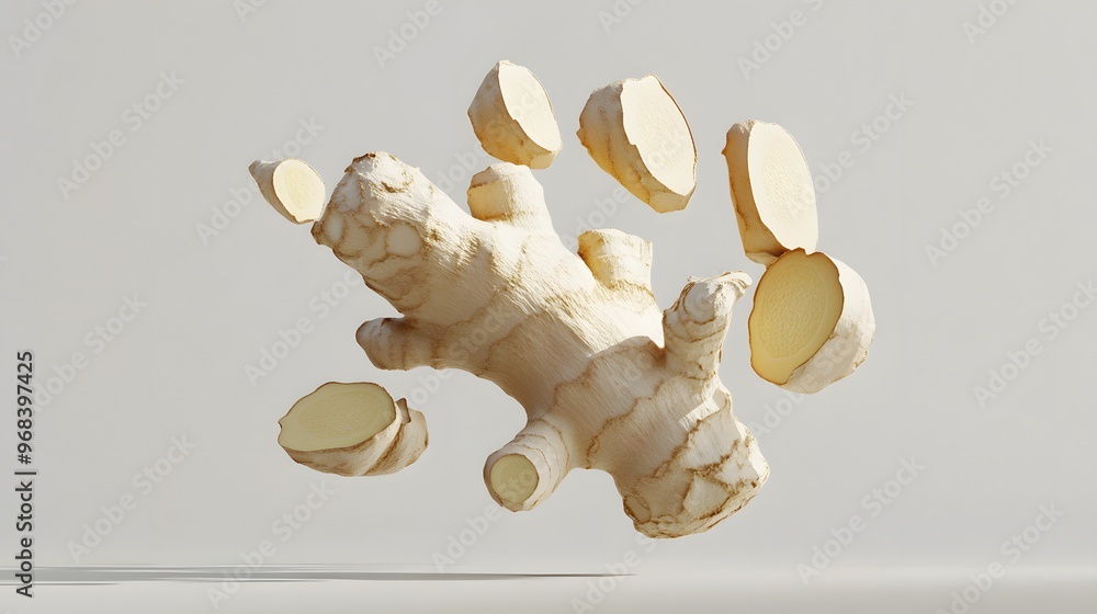 Poster 25. **a 3d render of a falling slice of ginger root, its knobby texture and pale color contrasted wi