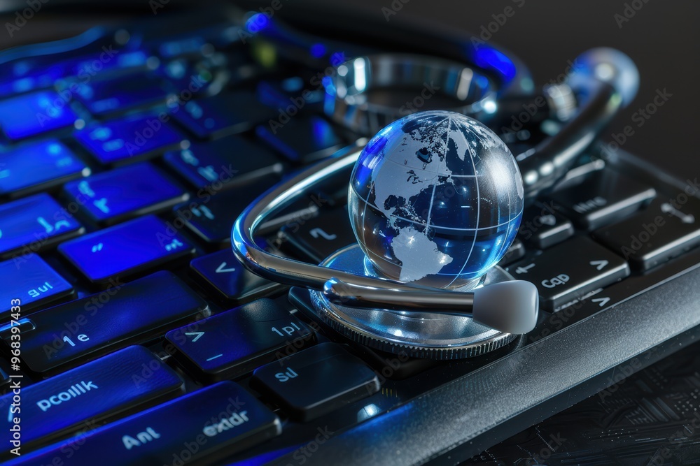 Poster stethoscope resting on a computer keyboard with a blue digital globe, symbolizing global healthcare 