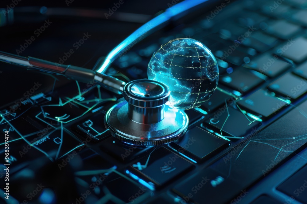 Poster stethoscope resting on a computer keyboard with a blue digital globe, symbolizing global healthcare 
