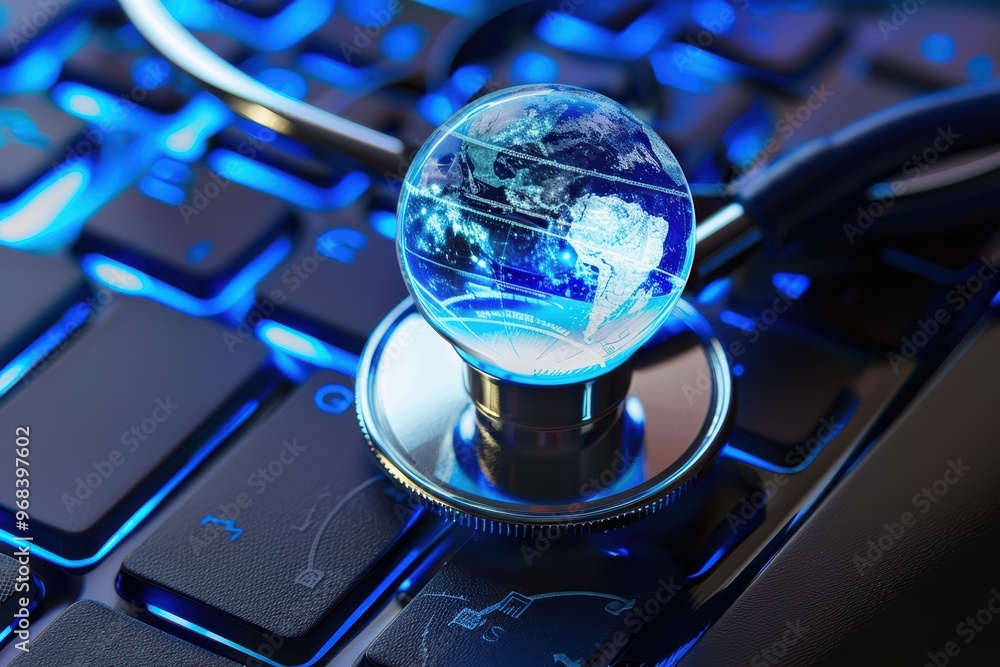 Aufkleber stethoscope resting on a computer keyboard with a blue digital globe, symbolizing global healthcare 
