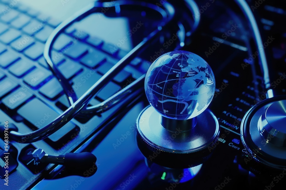 Aufkleber stethoscope resting on a computer keyboard with a blue digital globe, symbolizing global healthcare 