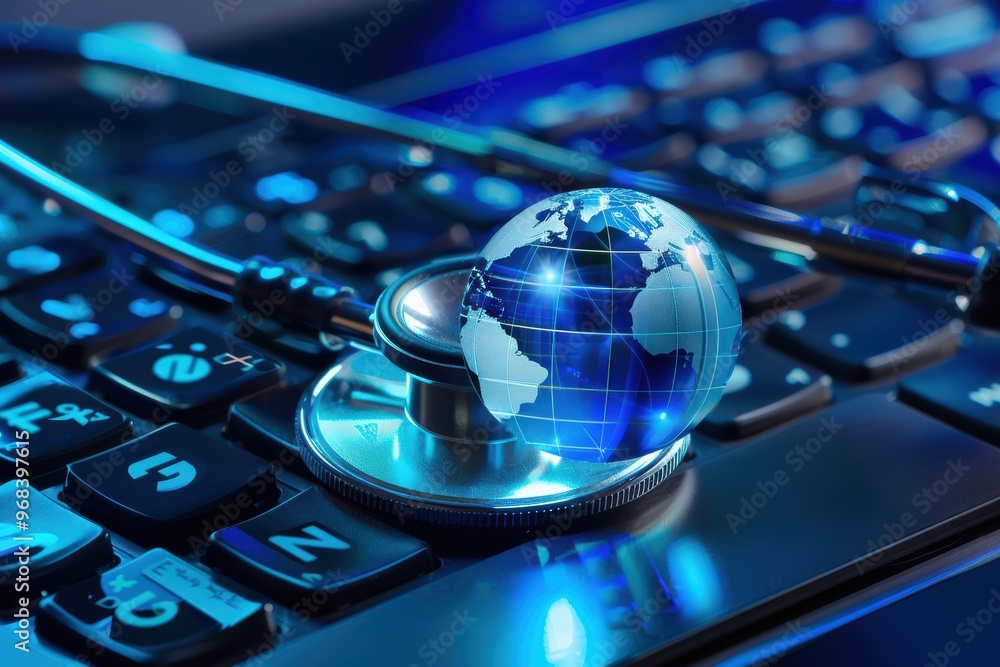 Poster stethoscope resting on a computer keyboard with a blue digital globe, symbolizing global healthcare 