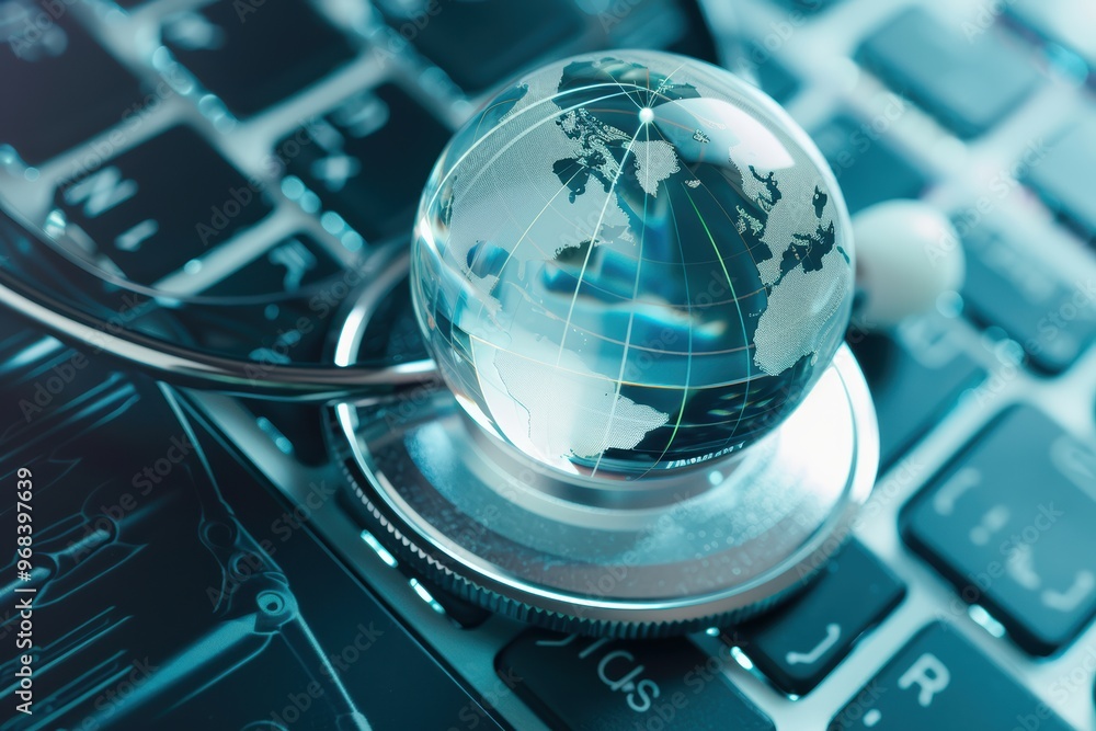 Poster stethoscope resting on a computer keyboard with a blue digital globe, symbolizing global healthcare 