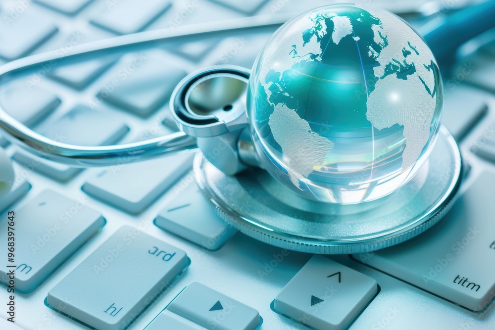 Poster stethoscope resting on a computer keyboard with a blue digital globe, symbolizing global healthcare 