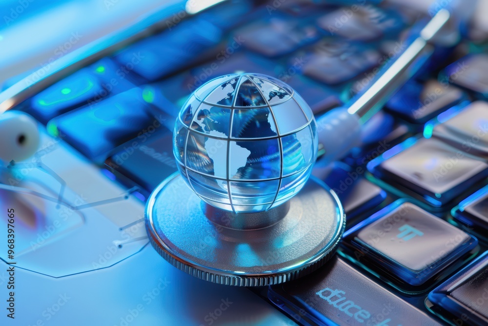Poster stethoscope resting on a computer keyboard with a blue digital globe, symbolizing global healthcare 