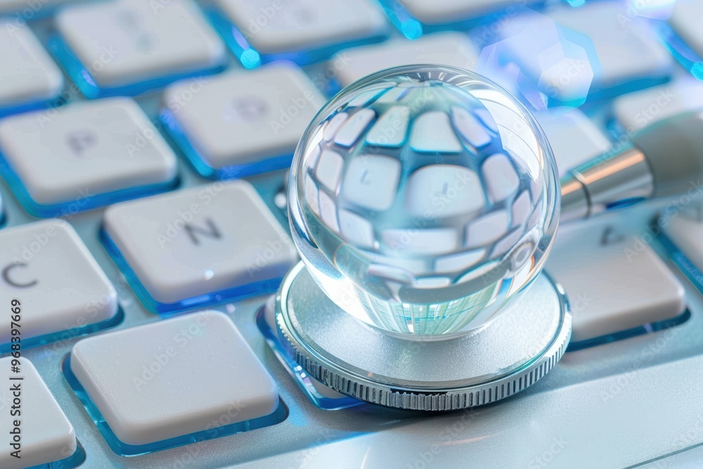 Aufkleber stethoscope resting on a computer keyboard with a blue digital globe, symbolizing global healthcare 