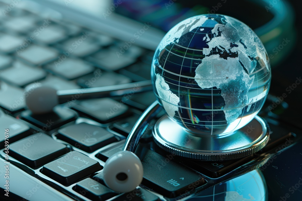 Poster stethoscope resting on a computer keyboard with a blue digital globe, symbolizing global healthcare 