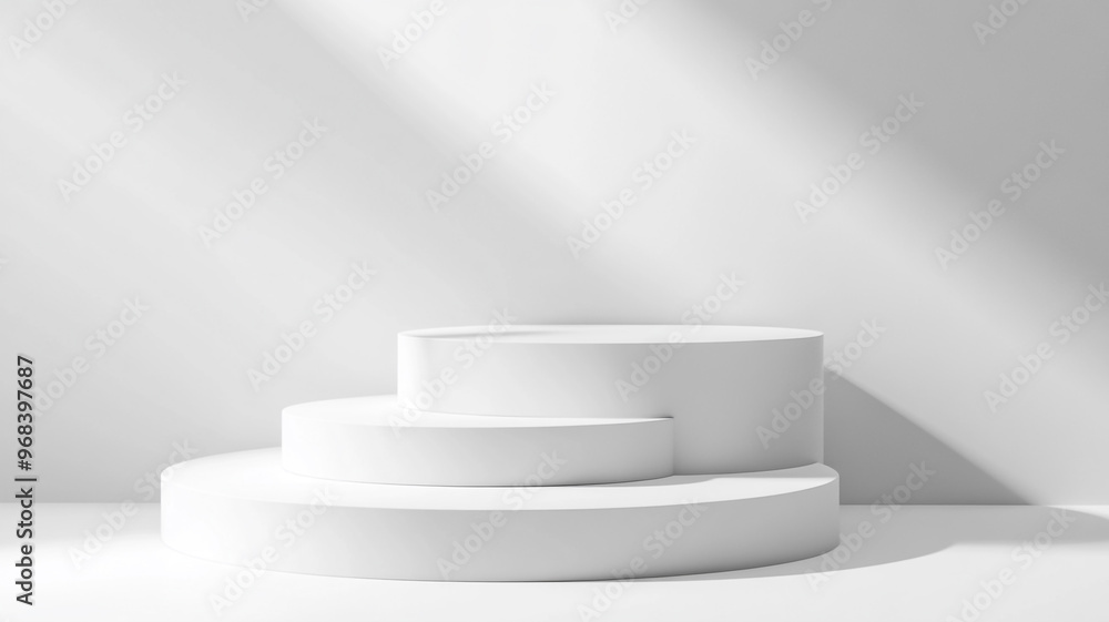 Poster modern minimalist presentation stage with circular podiums under soft lighting in an empty space