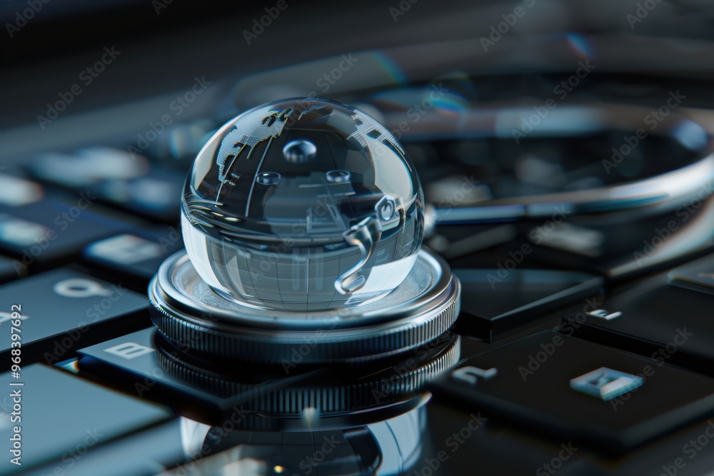 Poster stethoscope resting on a computer keyboard with a blue digital globe, symbolizing global healthcare 