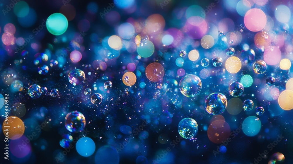 Poster abstract blue background with floating bubbles and bokeh lights