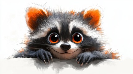 Obraz premium A cute cartoon raccoon with exaggerated eyes and a playful expression, isolated on a white background.