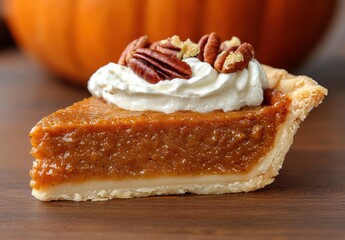 Delicious pumpkin pie slice with whipped cream and pecans