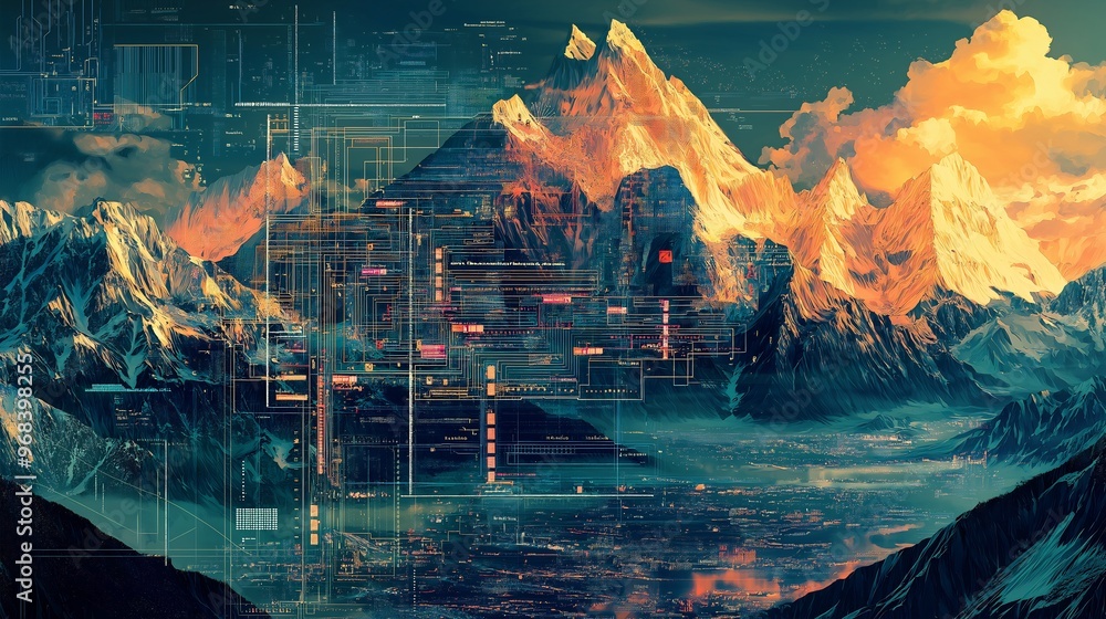 Aufkleber digital mountain range data visualization
