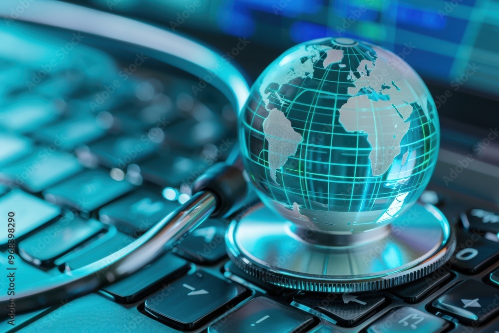 Poster stethoscope resting on a computer keyboard with a blue digital globe, symbolizing global healthcare 