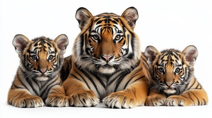 Fototapeta premium A family of tigers, a mother with her cubs, lying down on a white background.