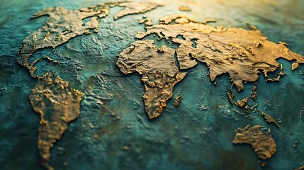 Detailed Close-up of World Map with Soft Natural Lighting Highlighting Continents and Oceans Textures