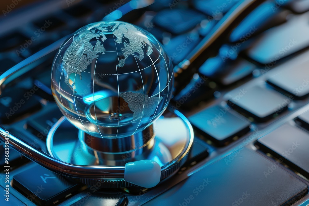 Poster stethoscope resting on a computer keyboard with a blue digital globe, symbolizing global healthcare 