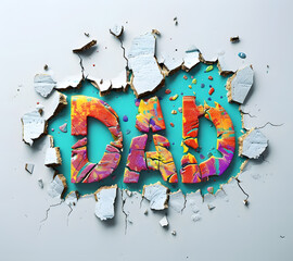 Bright and dynamic DAD word art breaking through a wall, symbolizing strength and vibrancy. Ideal for Fathers Day projects and designs celebrating dads with creativity and impact