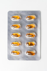 Oil filled blister pack capsules, softgel of food supplements, fish oil, omega 3, vitamin DHA