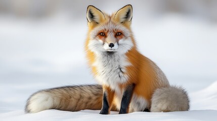 Fototapeta premium A fox with a bushy tail, sitting on a white surface, isolated.