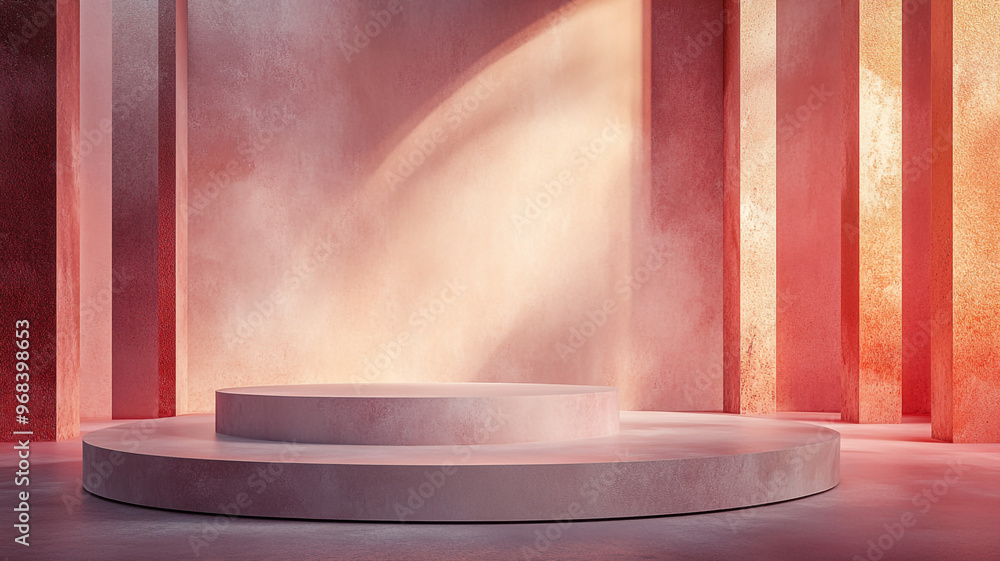 Aufkleber a minimalistic stage setup with soft lighting and textured walls in a modern exhibition space