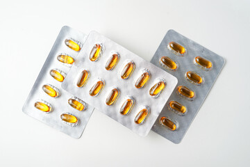 Oil filled blister pack capsules, softgel of food supplements, fish oil, omega 3, vitamin DHA