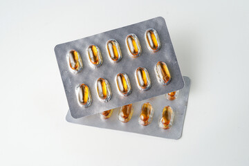 Oil filled blister pack capsules, softgel of food supplements, fish oil, omega 3, vitamin DHA