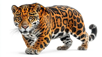 Fototapeta premium A jaguar prowling with a focused gaze, on a white background.