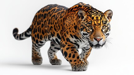 Obraz premium A jaguar prowling with a focused gaze, on a white background.