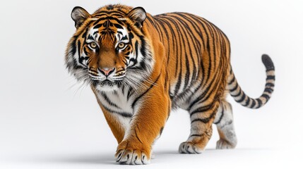 A majestic tiger walking with a focused gaze, isolated on a white background.