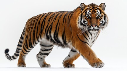 Naklejka premium A majestic tiger walking with a focused gaze, isolated on a white background.
