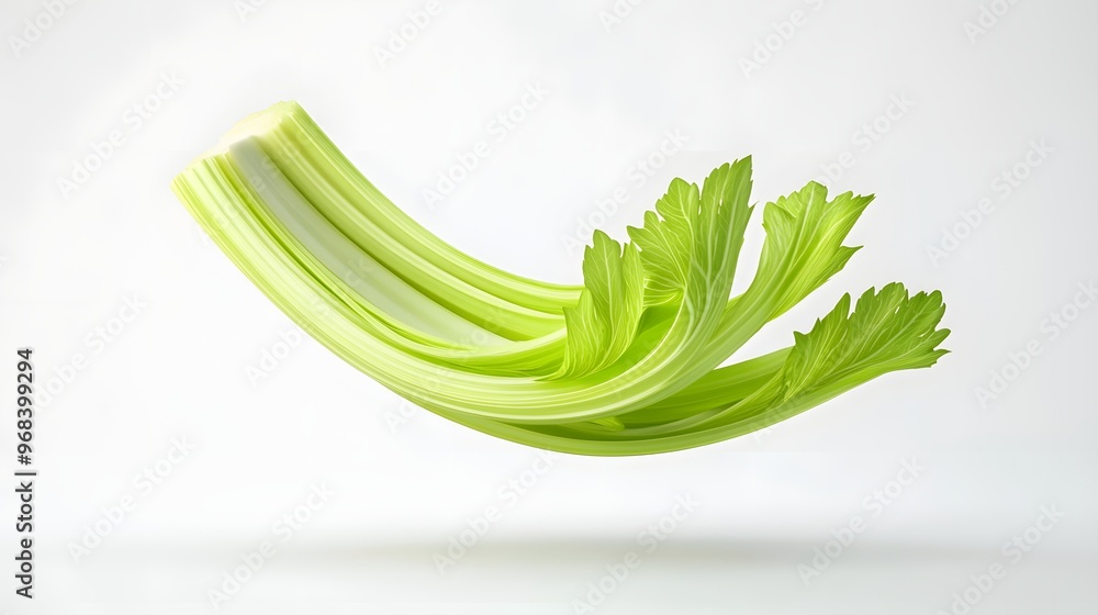 Poster 11. **a 3d render of a falling slice of celery, its crisp green texture and stalk detailed against a