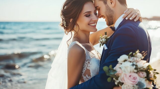 A happy bride and groom hugging on the beach, holding flowers in their hands