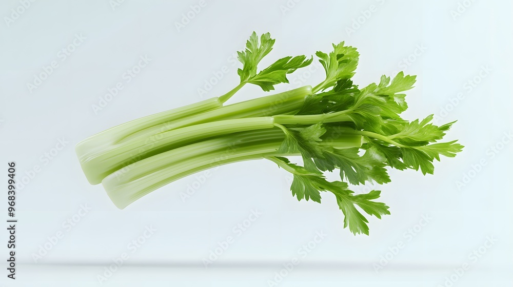 Poster 11. **a 3d render of a falling slice of celery, its crisp green texture and stalk detailed against a