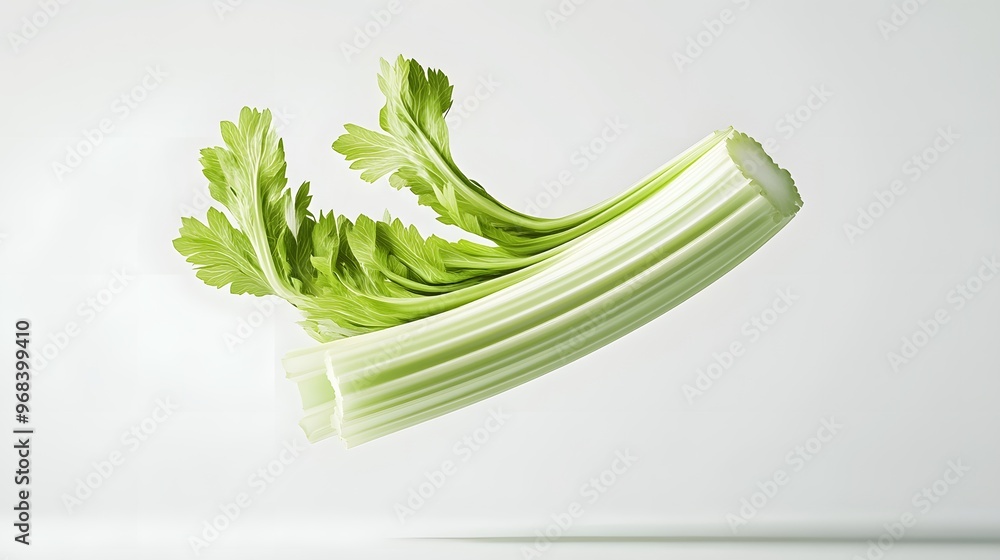 Poster 11. **a 3d render of a falling slice of celery, its crisp green texture and stalk detailed against a