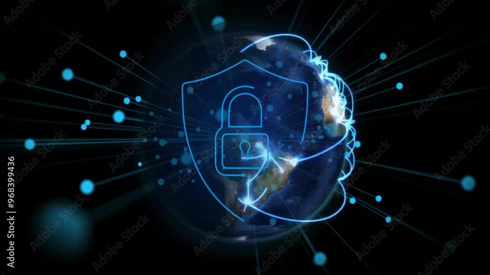 Poster animation of network of connections over shield and globe on black background