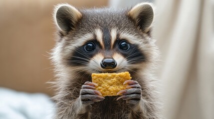 A raccoon holding a piece of food in its small paws, standing on a white background.